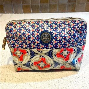 Tory Burch Blue, Red & Cream Patterned PVC Cosmetic Pouch EUC